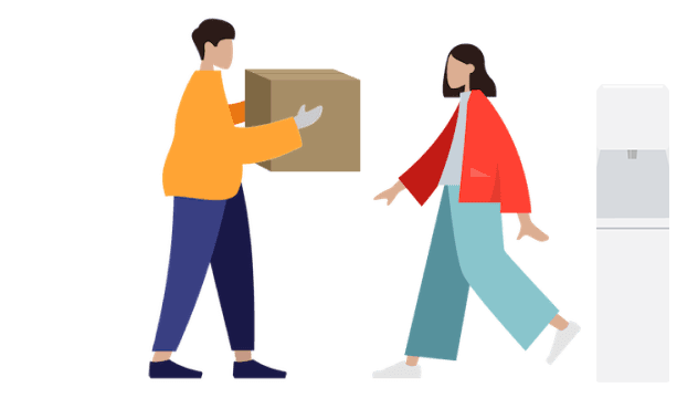 女性に宅配水を渡す男性のイラスト